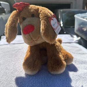 Plush Brown Dog Toy with Red Nose and Heart Accent - Pets Dog Toys